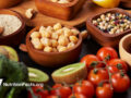 Assorted bowls with beans, tomato, and kiwi